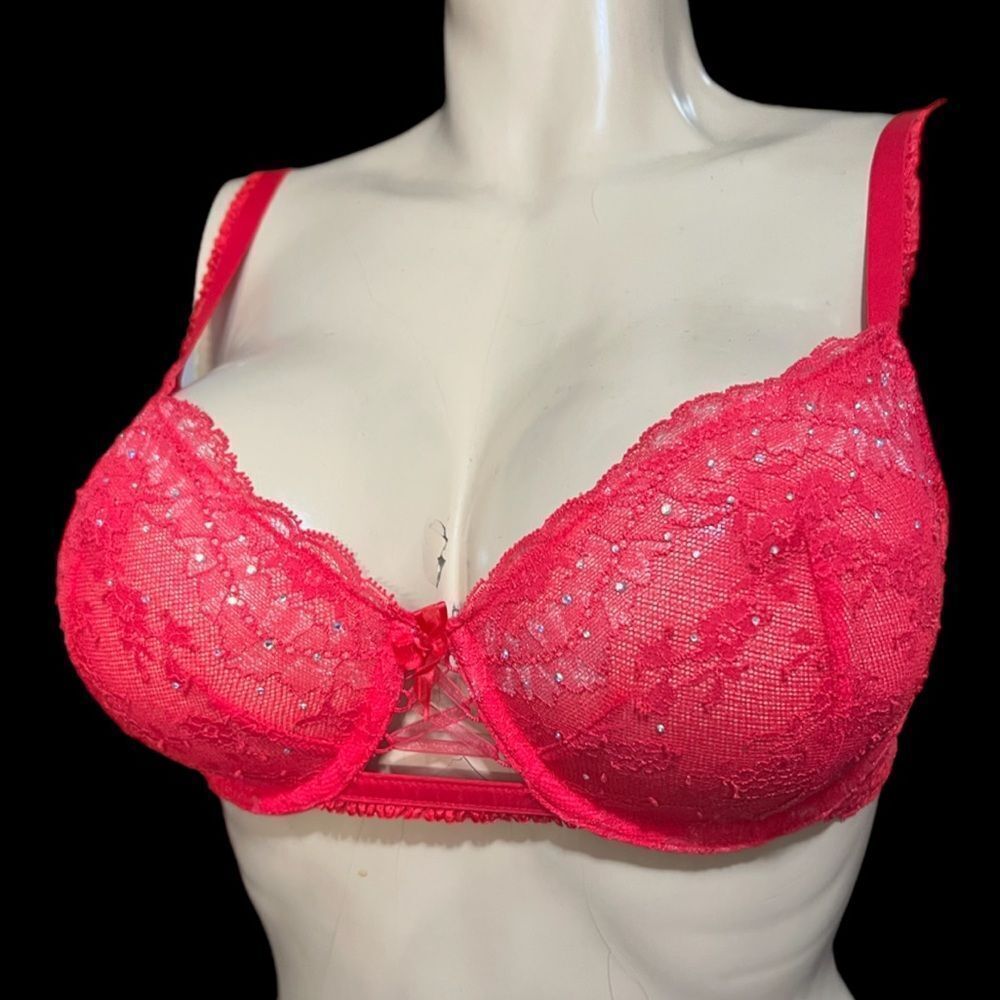 Victorias Secret Designer Collection Rhinestone Embellished Unlined Demi Bra Red
